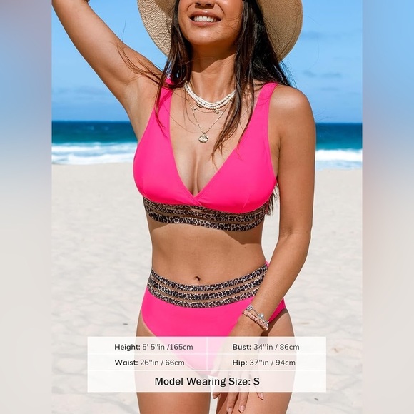 CUPSHE Leopard/Hot Pink High Waisted Two Piece Swimsuit/Swimwear/Bikini | NEW!💗 - Picture 4 of 9